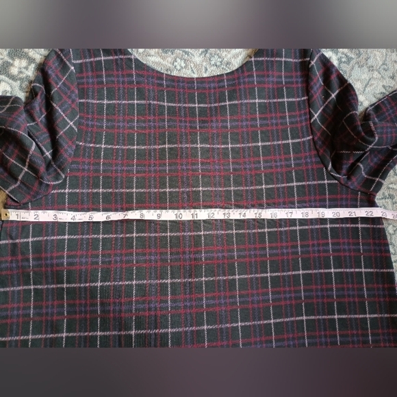 J Jill Ponte Knit Top XL Plaid Pleated Buttons Swing Red Black Academia - Picture 13 of 14